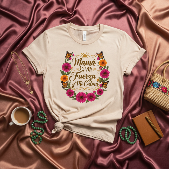 Mamá Es Mi Fuerza y Mi Calma Mariposas Flores Camiseta Regalo para Mamá T-Shirt Día de las Madres Cumpleaños Regalo para Mujer Latine Española México.