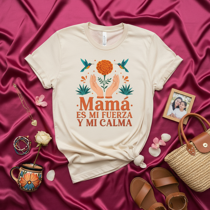 Mamá Es Mi Fuerza Y Mi Calma T-Shirt, Día de las Madres Regalo, Spanish Mother's Day Shirt, Floral Marigold Hummingbird Tee, Latina Mom Gift, Es Mi Calma Camiseta
