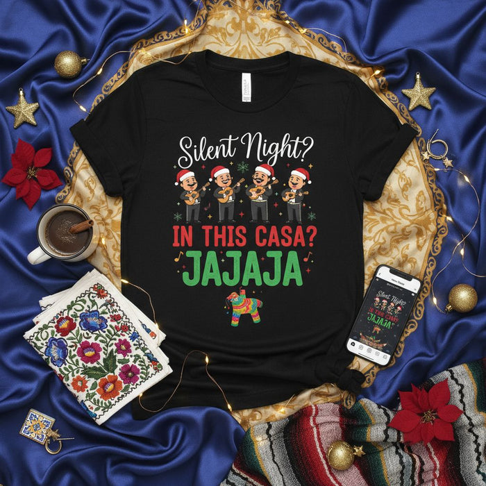 Silent Night? In This Casa? Jajaja Funny Christmas Mariachi T-Shirt, Mexican Holiday Fiesta Family Matching Shirt, Latinos Xmas Party Tee with Piñata Graphic
