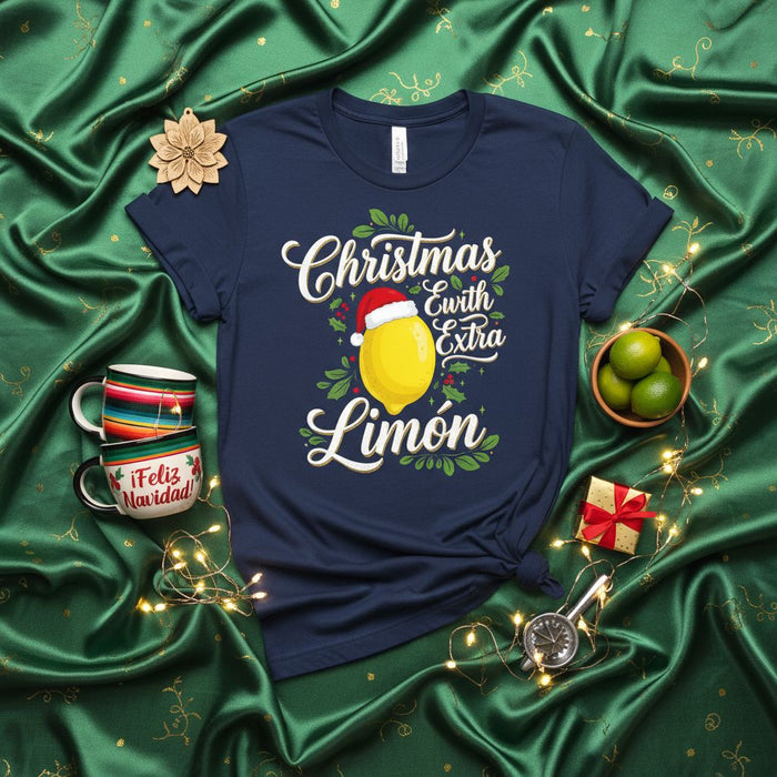 Christmas With Extra Limón T-Shirt | Funny Holiday Citrus Tee | Spanglish Feliz Navidad Lemon Graphic Shirt | Unisex Christmas Party Gift Apparel