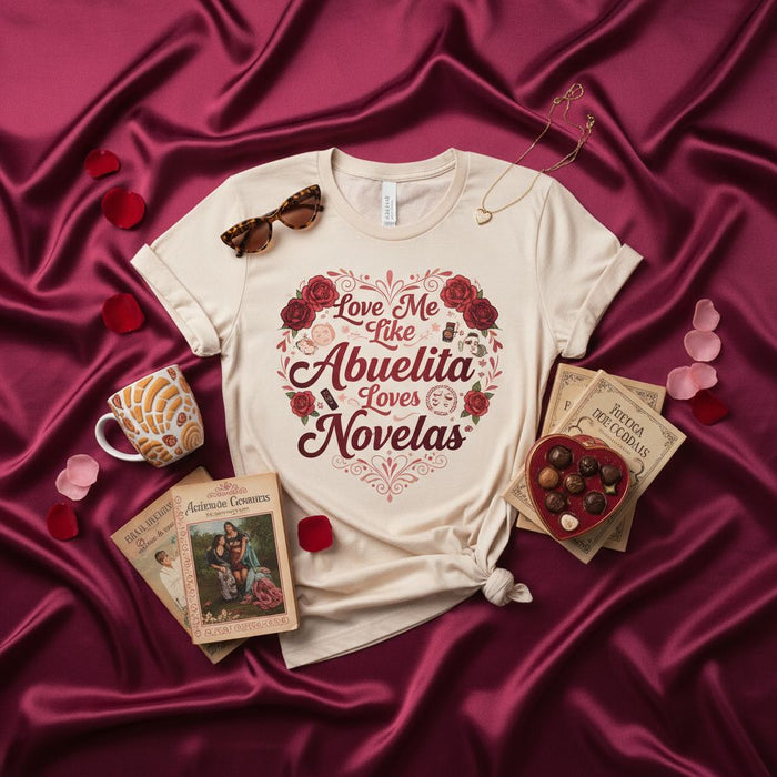 Maglietta Love Me Like Abuelita Loves Novelas, maglietta con citazione spagnola, regalo per nonni, fan delle soap opera, regalo Abuela, design carino cuore rose, camicia unisex, abbigliamento ispirato alla cultura Latinx, nonna ispanica