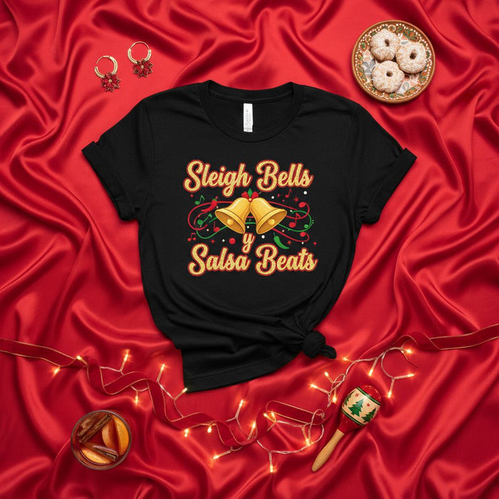 Sleigh Bells y Salsa Beats Christmas T-Shirt, Unisex Holiday Party Tee, Festive Latin Music Xmas Gift, Bell and Musical Notes Graphic Shirt, Spanglish Winter Apparel