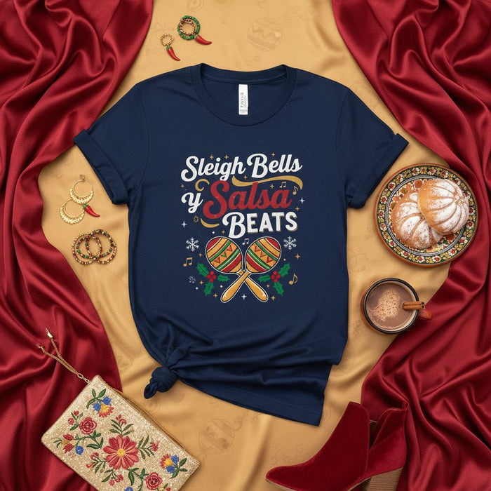 Sleigh Bells & Salsa Beats Christmas T-Shirt, Funny Holiday Dancing Maracas Tee, Festive Music Lover Unisex Shirt for Winter Parties and Dance Lovers