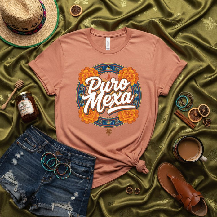 Puro Mexa T-Shirt with Marigold Flowers and Mexican Folk Art Design, Unisex Graphic Tee, Short Sleeve, Casual Wear