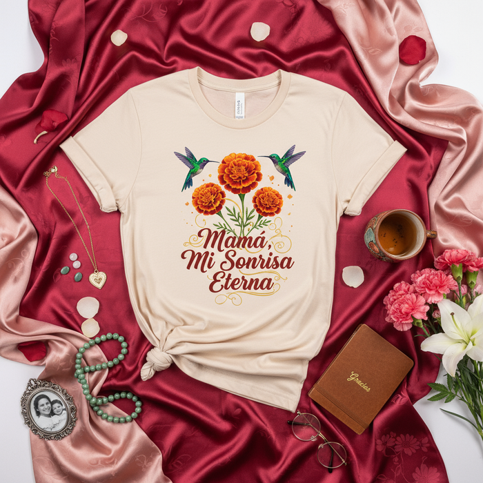 Mamá, Mi Sonrisa Eterna T-Shirt, Día de Muertos Marigold Flower Hummingbird Shirt, Regalo para Mamá, Mexican Mom Gift Tee, Spanish Mother's Day, Floral Dia de Muertos Top