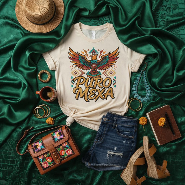 Puro Mexa Shirt, Mexican Eagle Graphic Tee, Aztec Calavera Design, Cinco de Mayo Fiesta Top, Unisex T-Shirt, Distressed Denim Shorts Outfit, Western Boho Style Apparel