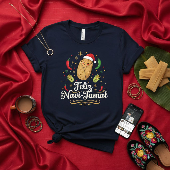 Feliz Navi-Tamal Christmas Tamale T-Shirt, Funny Holiday Food Pun Tee, Cute Tamal with Santa Hat, Unisex Merry Christmas Fiesta Gift Shirt