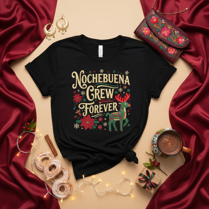 Nochebuena Crew Forever Shirt, Funny Hispanic Christmas Party T-Shirt, Ugly Sweater Style Holiday Tee, Latino Family Matching Xmas Top with Reindeer and Poinsettias