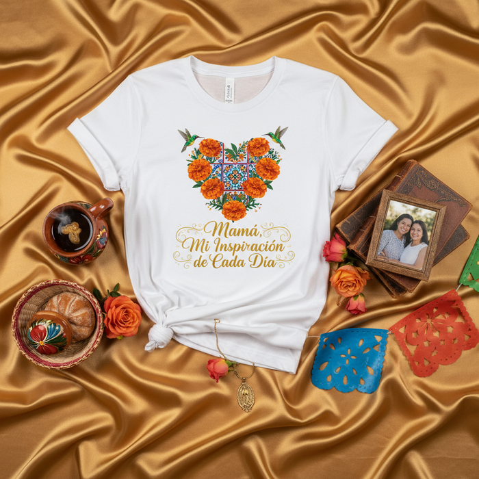 Mamá Mi Inspiración De Cada Día Marigold Heart T-Shirt - Hummingbird Floral Graphic Tee, Spanish Mother's Day Gift, Unisex Shirt, Latinx Mom Apparel, Orange Flower Design