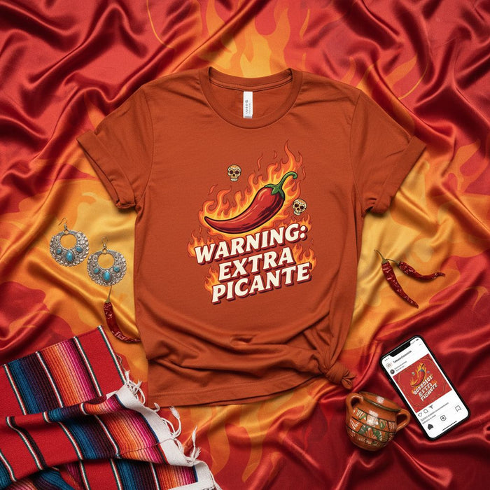 WARNING: EXTRA PICANTE T-Shirt, Spicy Chili Pepper Flame Skulls Tee, Unisex Hot Sauce Food Lover Gift, Mexican Fire Spice Graphic Shirt, Dia de los Muertos Fiesta Apparel, Cinco de Mayo