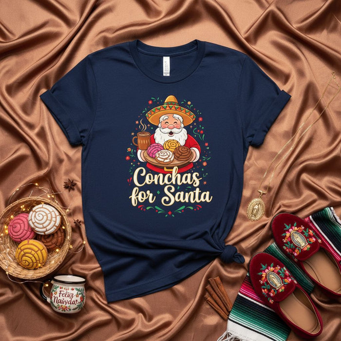 Conchas for Santa Funny Mexican Christmas T-Shirt, Santa Claus in Sombrero Eating Pan Dulce Conchas, Holiday Tee Gift for Spanish-Speaking Friends & Family, Festive Xmas Shirt with Mexican Bread Design