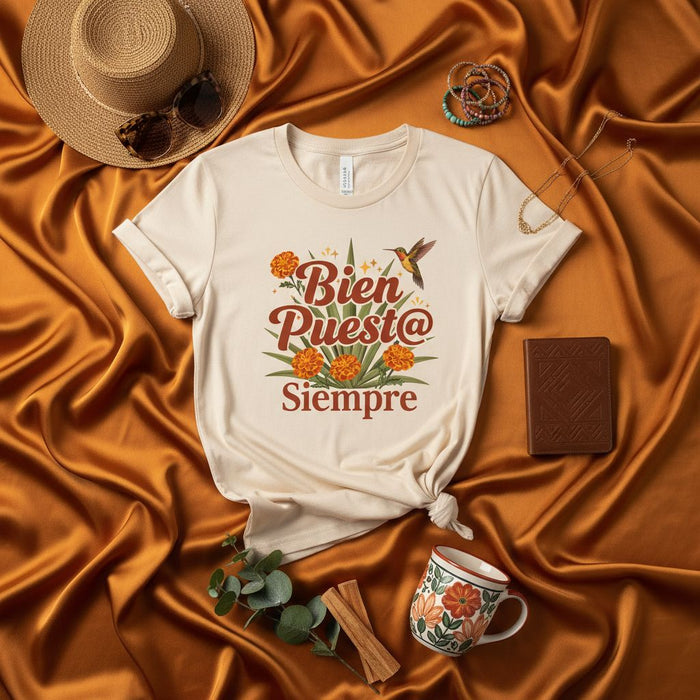 Bien Puest@ Siempre Hummingbird Marigold Flowers T-Shirt Unisex Spanish Quote Tee Latina Apparel Gift Idea
