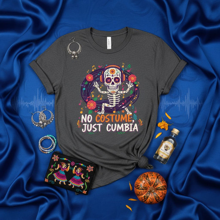 No Costume Just Cumbia Day of the Dead Skeleton T-Shirt with Headphones, Calavera Sugar Skull Dancing Tee, Halloween Party Music Lover Shirt, Dia de Muertos Gift Idea, Unisex Graphic Top
