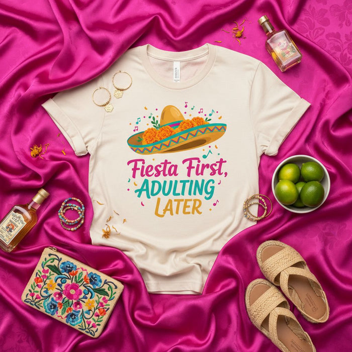 Camisa de "Primero Fiesta, Después Adultar", playera divertida de Cinco de Mayo, diseño de sombrero y flor de cempasúchil, camiseta para fiesta mexicana, top lindo para vacaciones de verano, playera gráfica unisex regalo