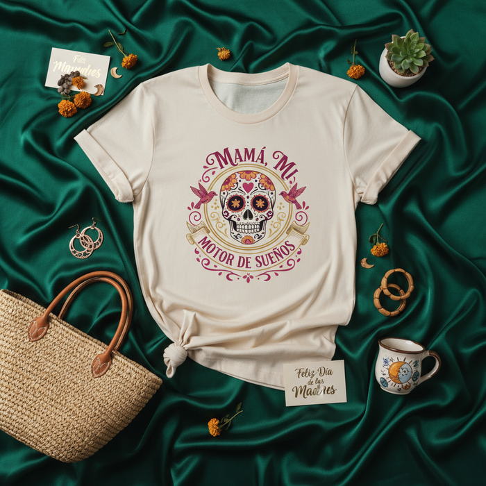 Mamá Mi Motor De Sueños Sugar Skull Dia De Muertos T-Shirt, Camiseta Regalo para Madre Latina, México Floral Calavera Diseño, Unisex Playera Celebración Día de las Madres