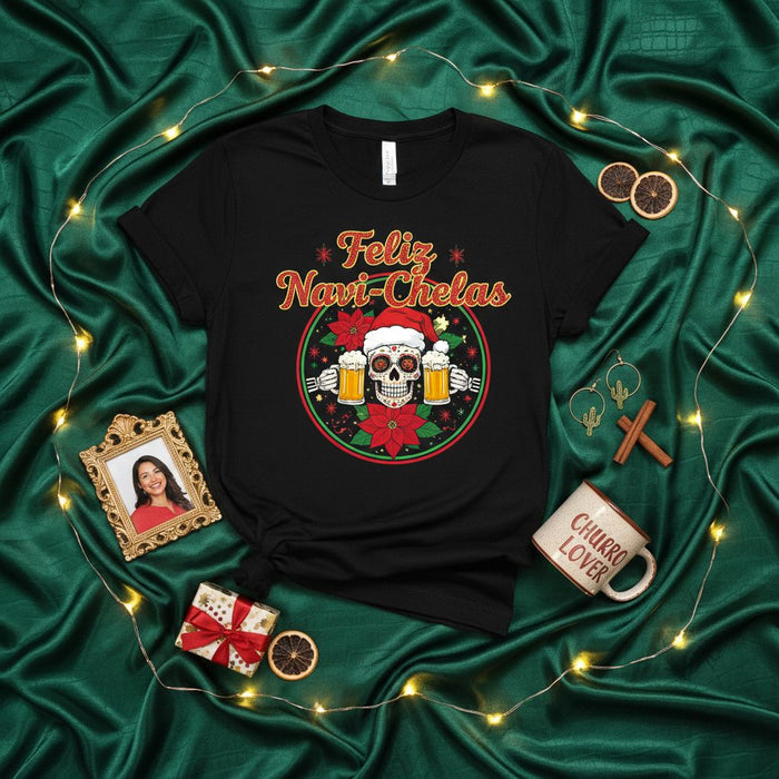 Feliz Navi-Che las Funny Christmas Sugar Skull T-Shirt with Santa Hat, Poinsettias, and Beer Mugs - Holiday Fiesta Beer Lover Gift Tee