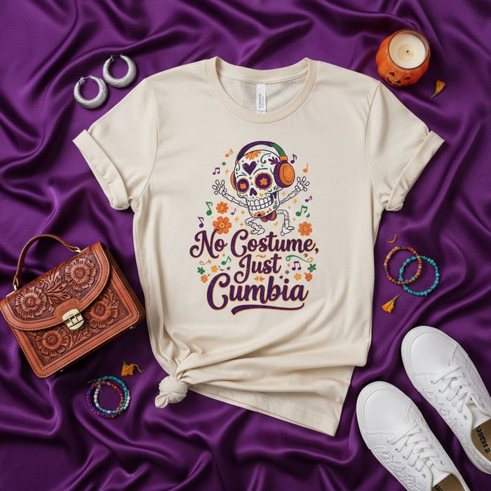 No Costume Just Cumbia Dancing Sugar Skull T-Shirt with Headphones, Day of the Dead Dia de Muertos Hispanic Heritage Month Halloween Tee, Unisex Latin Music Lover Gift Shirt