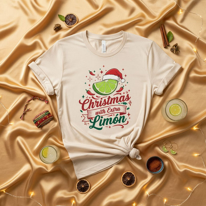 Christmas with Extra Limón T-Shirt | Funny Holiday Fiesta Tee | Mexican Lime Santa Hat Chili Peppers Graphic | Unisex Christmas Gift Shirt