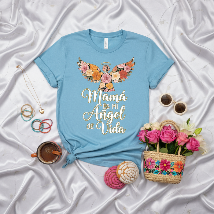 Mamá Es Mi Ángel De Vida T-Shirt, Floral Angel Wings, Spanish Mother's Day Tee, Gift for Mom, Latina Mama Shirt, Unisex Light Blue Graphic T-shirt with Flowers