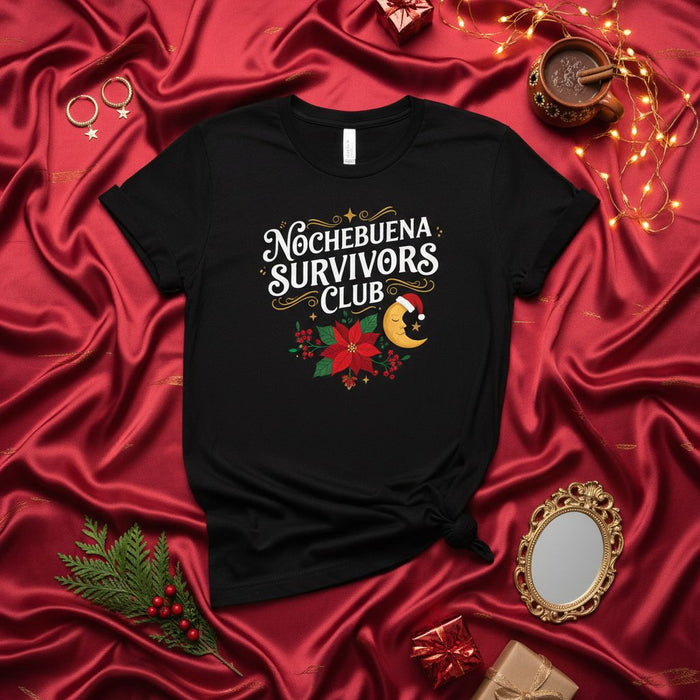 Nochebuena Survivors Club Shirt, Funny Spanish Christmas T-Shirt, Poinsettia and Moon Design, Holiday Family Party Tee, Festive Celebration Gift Idea