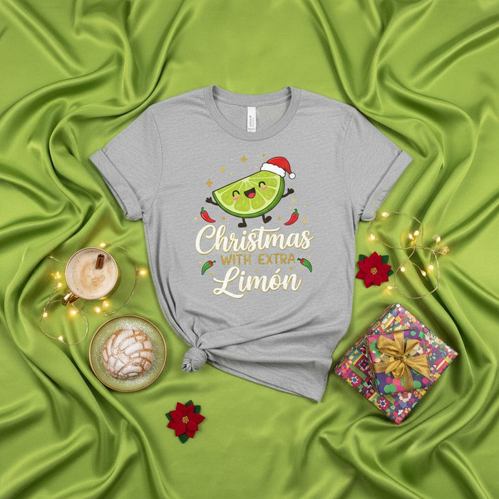 Christmas with Extra Limón, Funny Lime Santa T-Shirt, Cute Mexican Holiday Pun Shirt, Spanglish Christmas Tee for Foodies, Fiesta Navidad Celebration Apparel Gift