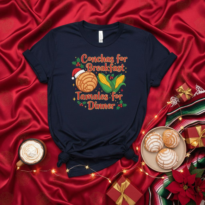 Conchas for Breakfast Tamales for Dinner Shirt, Funny Christmas Mexican Food Tee, Holiday Panderia Concha and Tamal T-Shirt, Fiesta Family Xmas Gift, Unisex Spanish Language Apparel