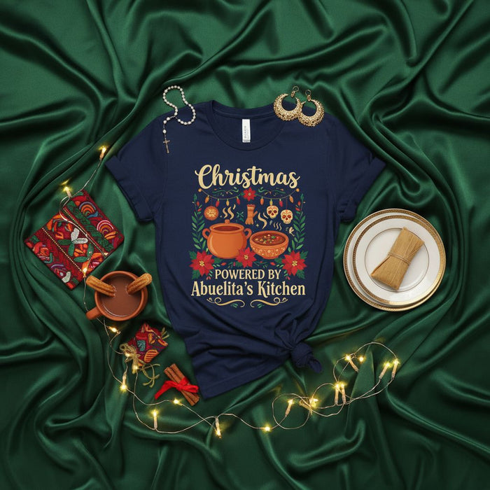 Christmas Powered by Abuelita's Kitchen T-Shirt, Hot Chocolate Tamales Poinsettia Day of the Dead Skulls, Mexican Family Christmas Holiday Shirt, Unisex Foodie Gift