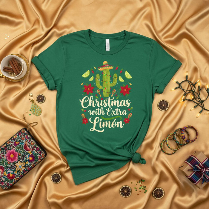 Christmas with Extra Limón T-Shirt, Funny Mexican Cactus Limón Poinsettia Tee, Fiesta Holiday Shirt, Cinco De Mayo Christmas, Unisex Softstyle T-shirt Gift Idea