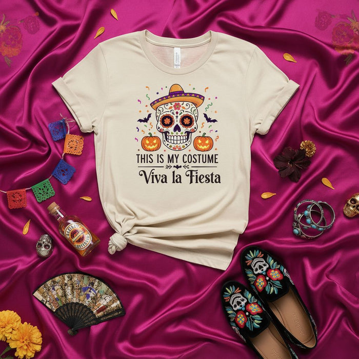 This is My Costume Viva la Fiesta Halloween Sugar Skull T-Shirt with Sombrero, Pumpkins, and Bats, Unisex Day of the Dead Dia de Muertos Party Tee
