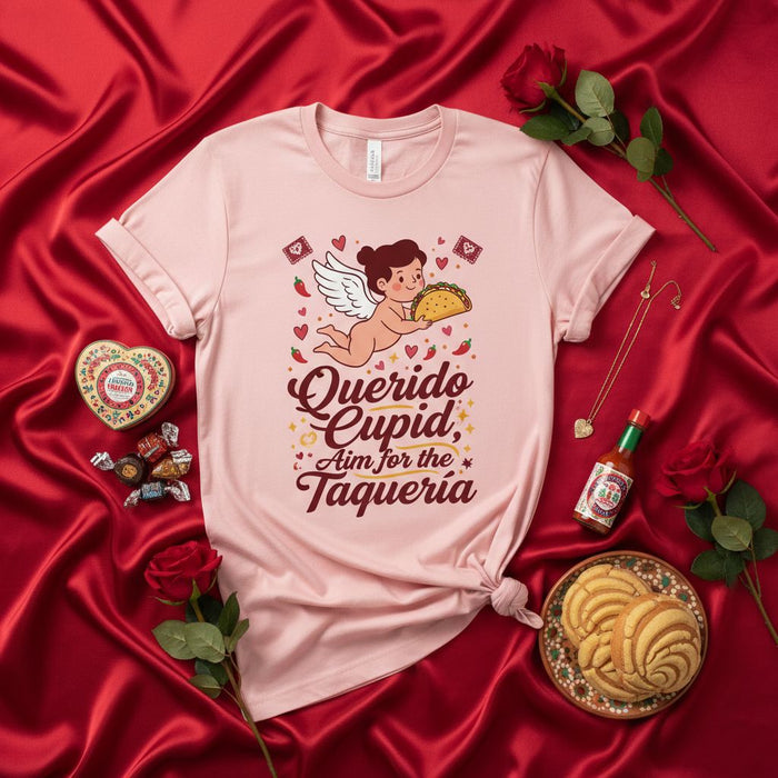 Querido Cupid, Aim for the Taqueria T-Shirt - Funny Mexican Food Valentine's Day Shirt - Taco Lover Gift Tee for Men and Women - Cute Angel Holding Taco Graphic Shirt