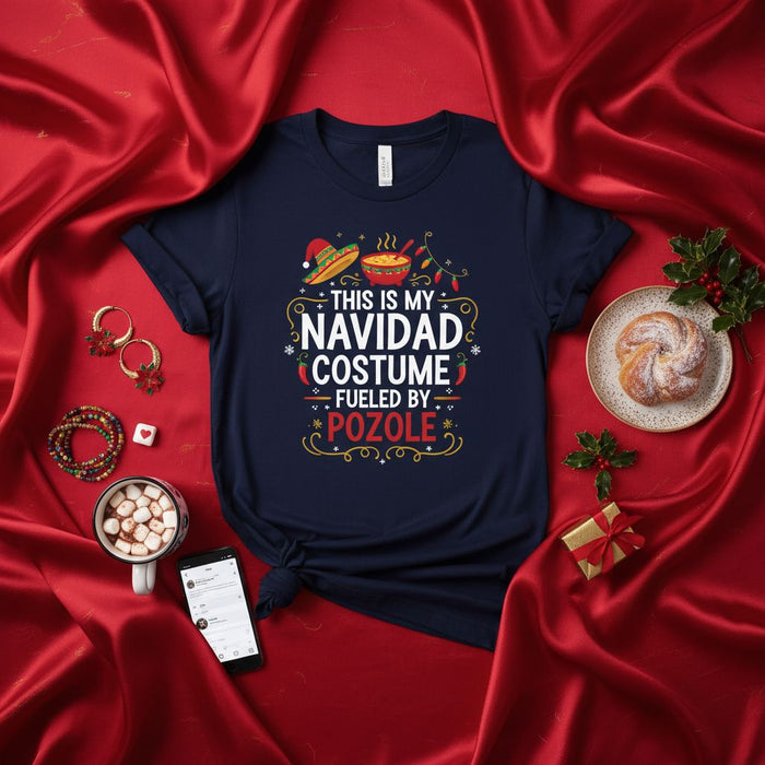 This is My Navidad Costume Fueled by Pozole T-Shirt, Funny Spanish Christmas Tee with Tamales, Sombrero, Chili Peppers, and Hot Cocoa Design, Holiday Party Shirt for Mexican Food Lovers