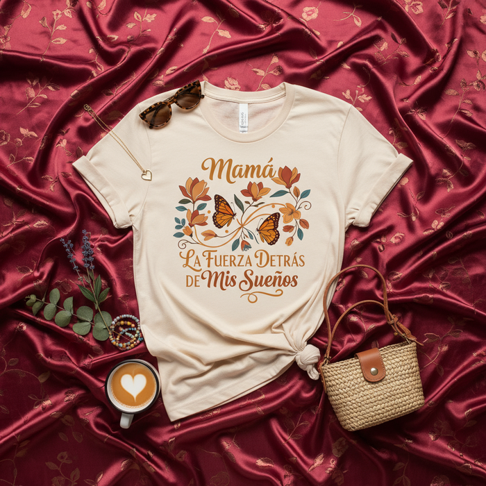 Mamá La Fuerza Detrás de Mis Sueños T-Shirt, Spanish Mother's Day Gift, Floral Butterfly Graphic Tee, Regalo para Mamá, Bohemian Unisex Shirt