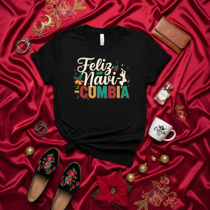 Feliz Navi Cumbia Christmas T-Shirt, Fun Festive Holiday Shirt with Music Notes and Dancing Silhouette, Unisex Latin Party Tee, Navicumbia Gift for Cumbia Lovers