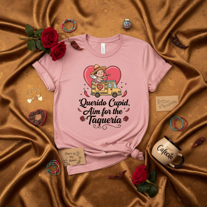 Querido Cupid Aim for the Taqueria T-Shirt, Funny Valentine's Day Tee, Mexican Food Lover Shirt, Cute Taquero Cupid Graphic Top, Spanish English Mixed Phrase Gift Idea for Her/Him, Pink Unisex V-Day Apparel