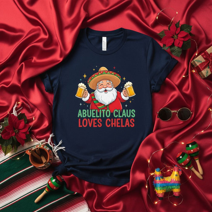Abuelito Claus Loves Chelas Mexican Christmas T-Shirt: Funny Cinco de Mayo Santa Sombrero Beer Tee for Men and Women, Latino Holiday Fiesta Gift Idea