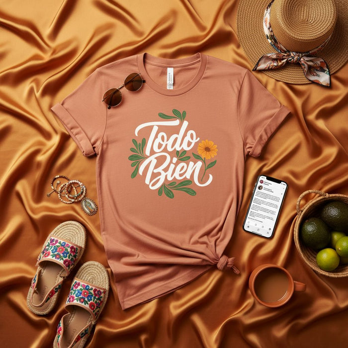 Todo Bien Shirt, Floral Graphic T-Shirt, Spanish Quote Tee, Everything is Good, Positive Vibe T-Shirt, Unisex Style, Summer Vacation Outfit, Latinx Apparel Gift Idea