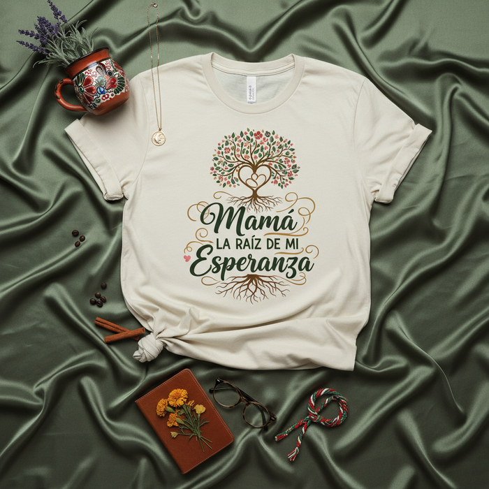 Mamá La Raíz De Mi Esperanza Camiseta Unisex, Regalo para Mamá, Día de las Madres, Árbol de la Vida Corazón Floral, Raíces Familiares, Amor de Madre, T-Shirt Español, Regalo Latino, Playera.