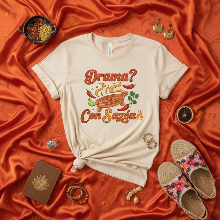 Drama? Con Sazón T-Shirt, Funny Spanish Cooking Tee, Comida Mexicana Graphic Shirt, Retro Grill Design, Chili Pepper and Lime T-Shirt, Unisex Foodie Gift for Cooks, Spanglish Kitchen Humor Top