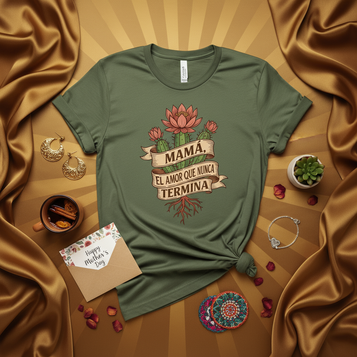Mamá, El Amor Que Nunca Termina Cactus & Flower T-Shirt, Spanish Mother's Day Gift, Cute Succulent Floral Tee for Mom, Short-Sleeve Unisex Graphic Shirt