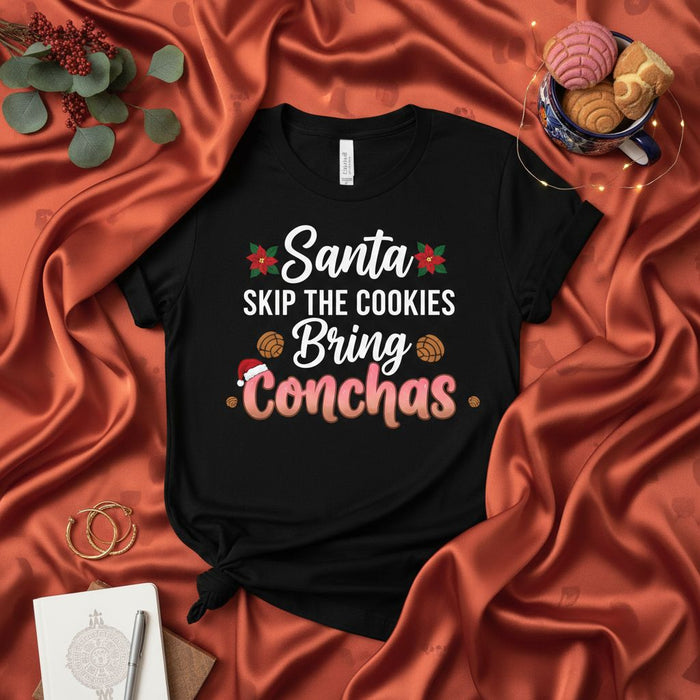 Santa Skip The Cookies Bring Conchas Shirt, Funny Pan Dulce Christmas Tee, Holiday Mexican Sweet Bread T-Shirt, Fiesta Navidad Gift for Concha Lovers