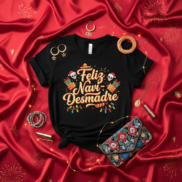 Feliz Navi Desmadre T-Shirt, Funny Hispanic Christmas Shirt, Spanish Holiday Party Tee, Cinco de Mayo Skeleton Skull Sombrero Gifts Shirt, Unisex Graphic T-Shirt