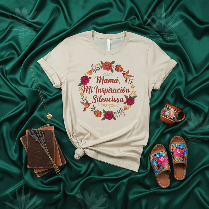 Mamá, Mi Inspiración Silenciosa | Camiseta unisex de regalo del Día de la Madre en español | Corona floral con colibríes | Ropa mexicana.