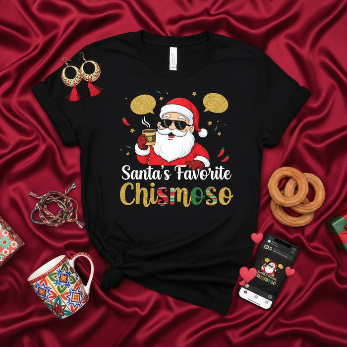 Maglietta Preferita di Babbo Natale Chismoso, Maglia Natalizia Ispanica Divertente, T-Shirt Spanglish, Maglietta Chismosa per Uomo Donna, Regalo Umoristico Latinx Festivo, Abito da Festa, Cioccolata Calda e Babbo Natale Chismoso