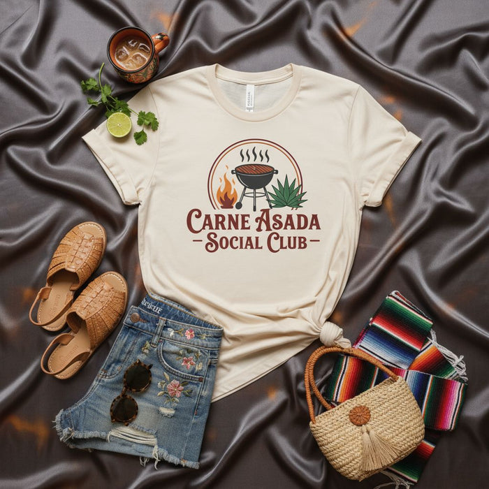 Carne Asada Social Club T-Shirt Unisex Grill BBQ Mexican Fiesta Cookout Tee Gift for Him Her, Casual Summer Outfit Top with Funny Food Graphic