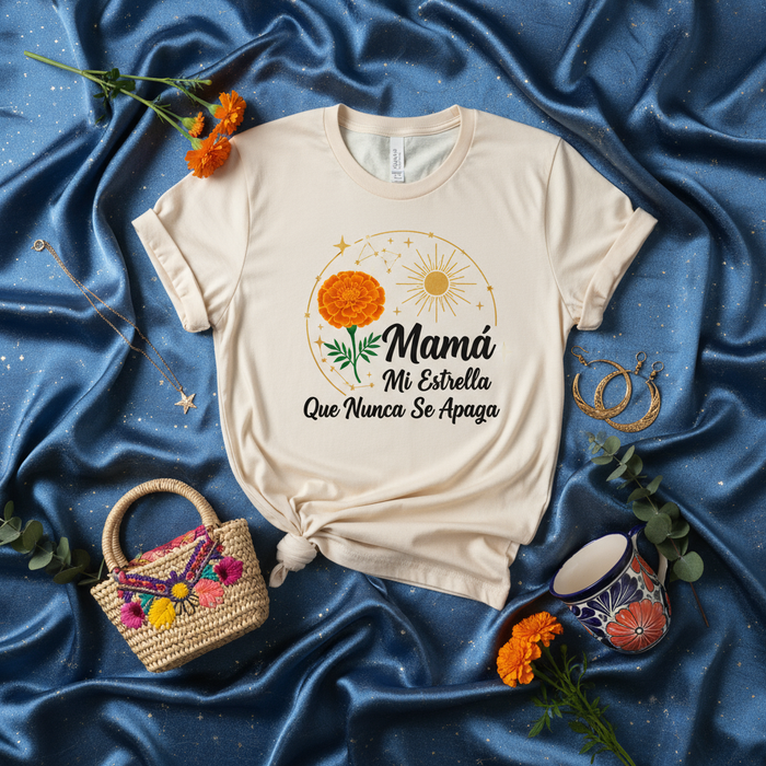 Mama Mein Stern, Der Niemals Erlischt Ringelblume T-Shirt, Spanisches Muttertagsgeschenk, Himmlische Sonne Stern Mama Shirt, Blumen Día de las Madres T-Shirt, Geschenk für Mutter von Tochter Sohn