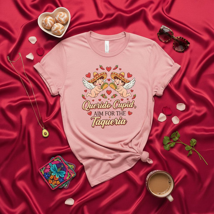 Querido Cupid Aim for the Taqueria T-Shirt, Funny Valentine's Day Shirt, Mexican Food Lover Gift, Cute Angel Cupid with Sombrero Tee, Taqueria Love Shirt, Fiesta Inspired Humor Shirt