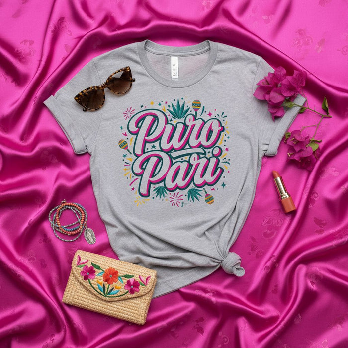 Puro Pari T-Shirt: Fiesta Party Tee with Spanish Phrase, Fun Graphic Design, Unisex Gray Shirt, Summer Vacation Festival Top, Latina Apparel Gift Idea