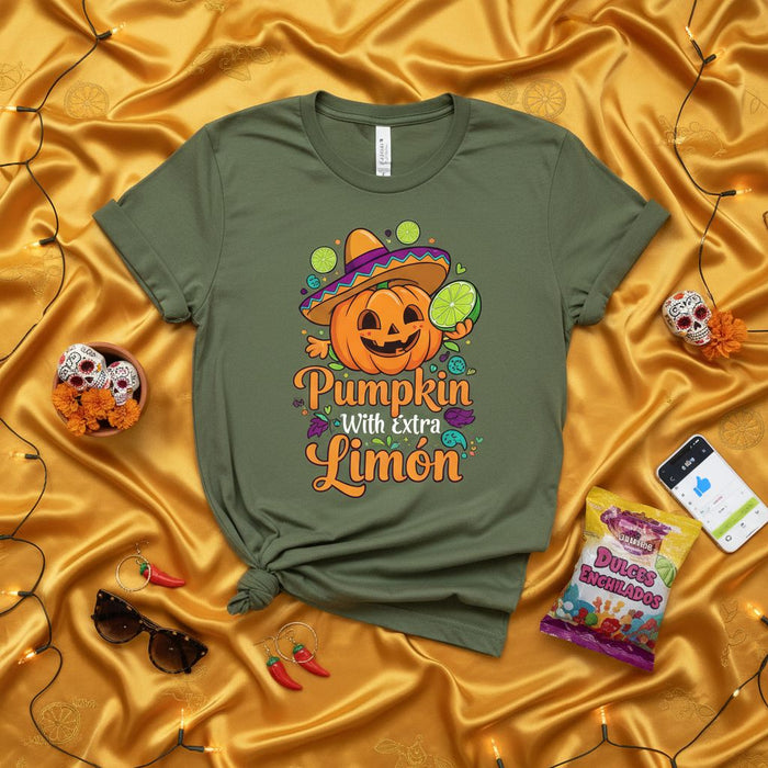 Pumpkin With Extra Limón T-Shirt | Funny Halloween Pumpkin with Sombrero and Lime Tee | Fall Spooky Season Graphic Shirt | Unisex Mexican Fiesta Theme Holiday Apparel