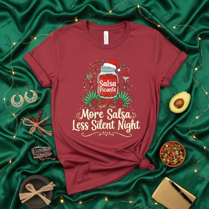 More Salsa Less Silent Night Christmas T-Shirt, Funny Holiday Salsa Picante Jar Tee, Festive Mexican Food Pun Shirt, Cinco De Mayo Xmas Gift for Salsa Lovers
