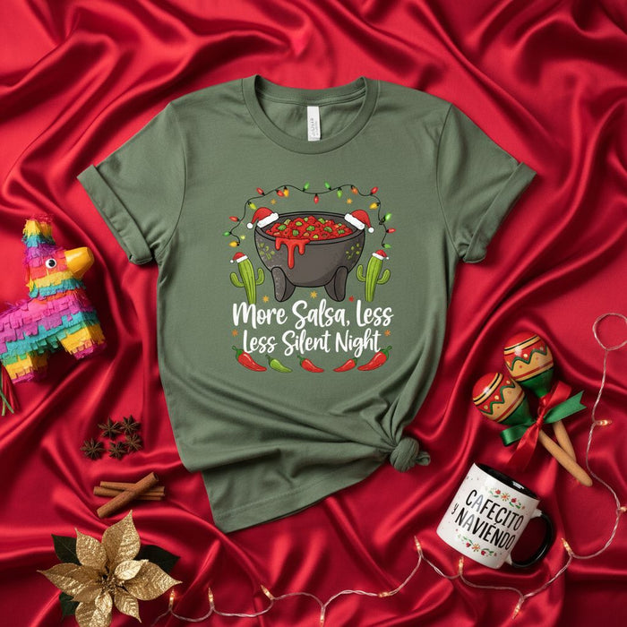 More Salsa Less Silent Night Shirt, Funny Christmas T-Shirt, Mexican Fiesta Holiday Party Tee, Sombrero Santa Salsa Bowl Cactus Chili Lights Graphic, Unisex Short Sleeve T-Shirt Gift